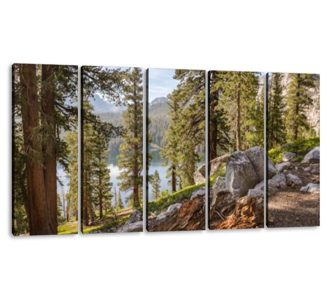 KiiAmy 5 Panels Art Wall Decor Mountainside with pine trees and lake in the distance in Mammoth Lakes Artwork Modern Canvas Prints Office Bedroom Home